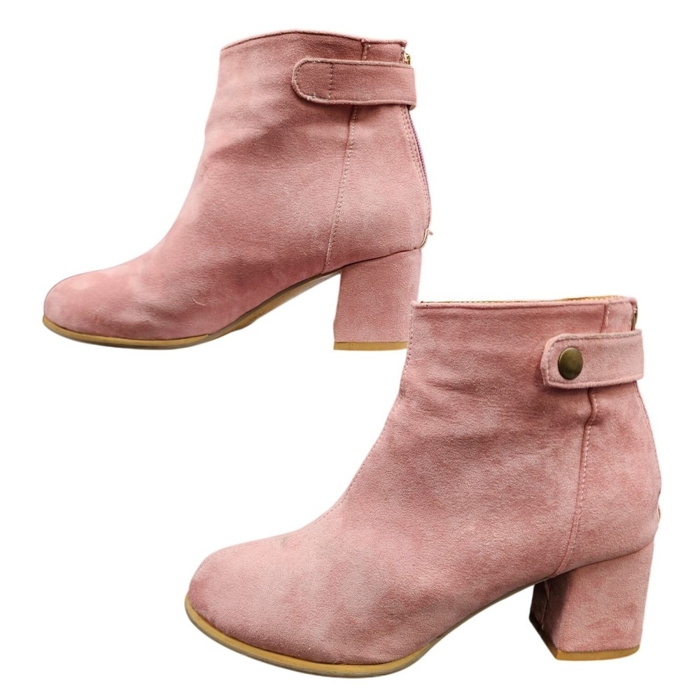 HOYVOY Faux Suede Ankle Boots Pink Womens 39 Block Heel Zip Up Booties B17-5‎